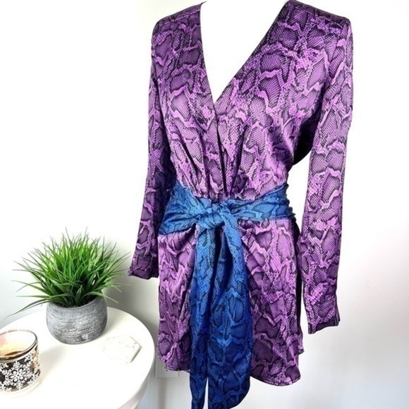 Delfi Mini Dress Jac Tie Snakeskin Print  XS Long Sleeve V-Neck Tie Waist Satin - Picture 4 of 13